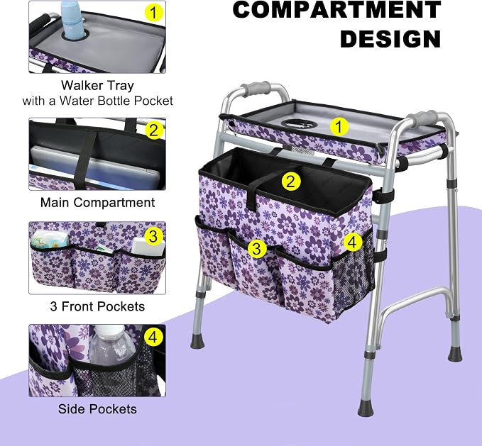Walker Basket with Tray, Walker Tray for Folding Walker, Walker Accessories for Seniors, Non-Slip Surface, Universal Fit for Standard Walkers, Ideal for Meals, Drinks & Reading (Purple)