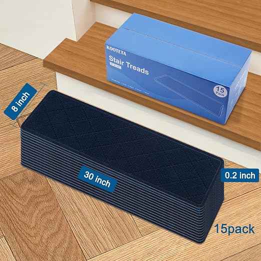 Stair Treads for Wooden Steps Indoor, 15 Pack 8" X 30" Non Slip Carpet Stair Treads with Reusable Adhesive for Elders and Dogs, Surface Polyester TPR Backing Stair Rugs,Navy