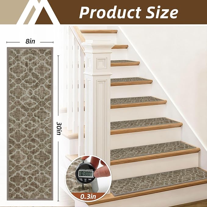 COSY HOMEER Stair Treads for Wooden Steps Indoor with TPE Backing,15Pcs | Non-Slip Carpet Stair Treads, Soft Peel and Stick Stair Runners,Pet-Friendly Stair Runner Washable Reusable,Fern Brown