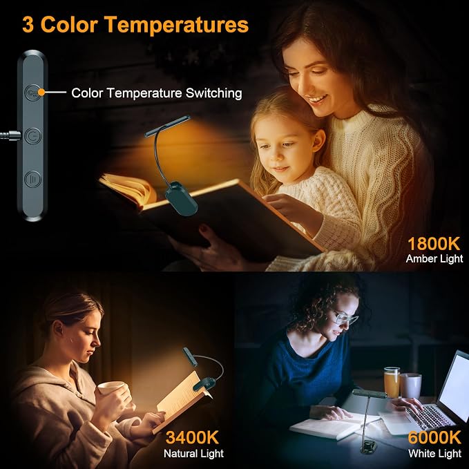 Gritin Rechargeable Book Light for Reading in Bed with 19 LED | Eye Caring 3 Color Temps, 5 Brightness Levels, Memory Function, 90 Hrs Runtime Flexible Goose Neck Clip on Light-Aquamarine