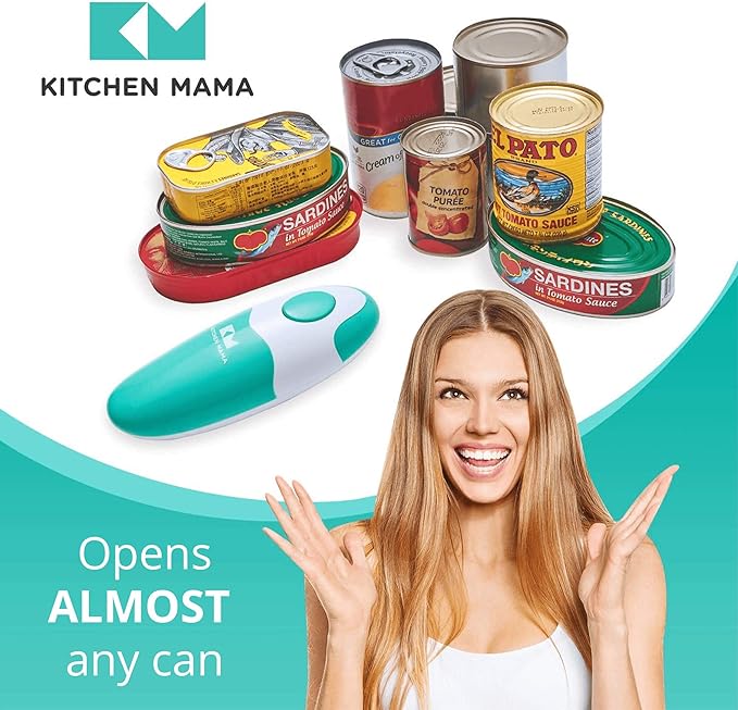 Kitchen Mama Auto Electric Can Opener: Open Your Cans with A Simple Press of Button - Automatic, Hands Free, Smooth Edge, Food-Safe, Battery Operated, YES YOU CAN (Teal)
