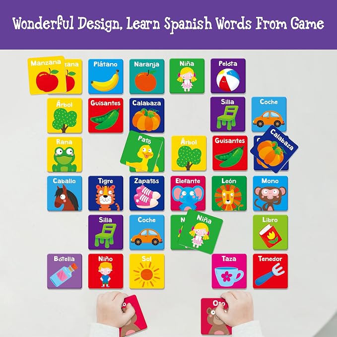 Hebayy Spanish Memory Matching Game, 72 PCS First Words Matching Cards for Toddlers, 36 Pairs Memory Cards Educational Toys Preschool Spanish Learning Activities for 4 5 6 Years Old