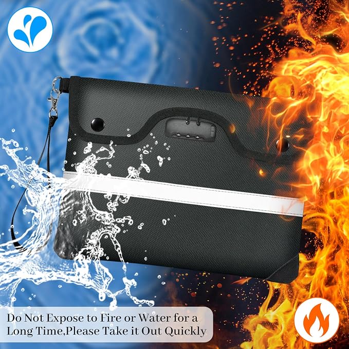 6200°F Fireproof Document Bag with Lock, 11.4 x 8.3 Inch Fire Proof Bag for Documents with Zipper, Water Resistant Envelope with Reflective Strip, Fireproof Money Pouch Black