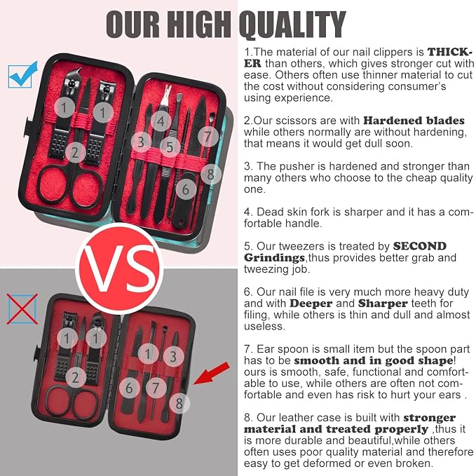 HANTEKAS Manicure Set 9 in 1 Stainless Steel, Nail Clippers Scissors Pedicure Tools Kit - Portable Travel Grooming Kit for Men and Women with Black/Red Leather Case (Red)