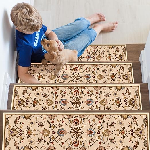 Vintage Stair Treads for Wooden Steps, 15 Pack Stair Runners Non Slip Indoor 8" X 30", Washable Carpet Rugs with Silicone Backing for Kids Elders and Dogs