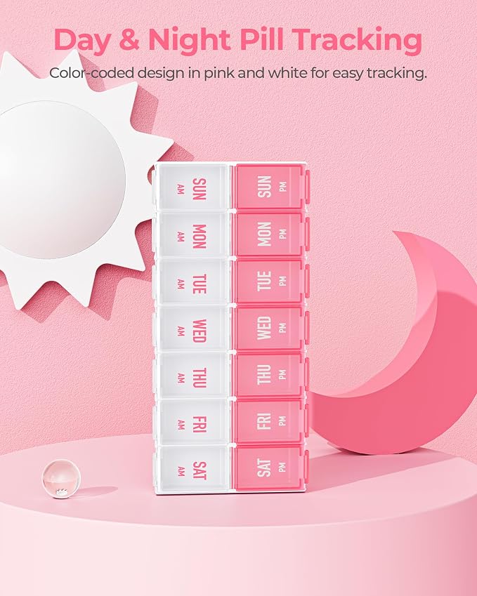 AMOOS Weekly Pill Organizer 2 Times a Day, Stylish Pill Box 7 Day AM PM with Large Compartments, Pill Case Easy to Use, BPA-Free Pill Container for Vitamins, Fish Oils, Supplements, Medicines, Pink