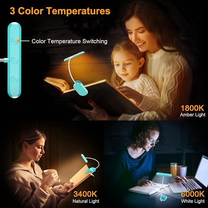 Gritin Rechargeable Book Light for Reading in Bed with 19 LED | Eye Caring 3 Color Temps, 5 Brightness Levels, Memory Function, 90 Hrs Runtime Flexible Goose Neck Clip on Light-Blue