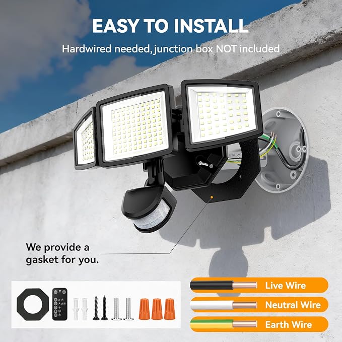 LED Security Lights Motion Sensor Light Outdoor, 7000LM, 6500K, Waterproof, Flood Light Outdoor Motion Detector with Adjustable 3 Head, Hardwired Wall Light for Entryway, Yard, Garage
