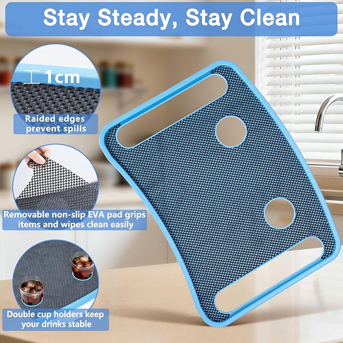 Walker Tray for Seniors with Dual Cup Holders & Side Pouch (Blue) | Durable Food & Drink Table, Lightweight with Non-Slip Pad, Compatible with Walker of 10210-1 Model