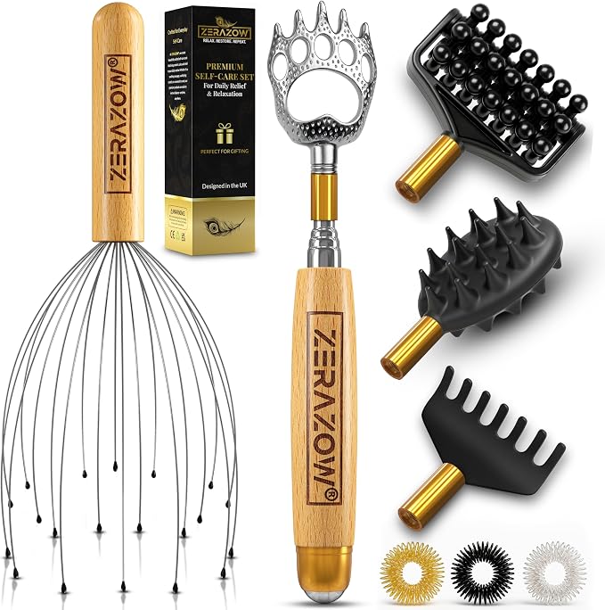 ZERAZOW® Telescoping Back Scratcher 9 Pcs Set, Backscratcher Gifts for Men & Women with 4 Detachable Heads, Head & Scalp Massager, Back Massage Tools, Spiky Sensory Rings, Fathers Day Gift