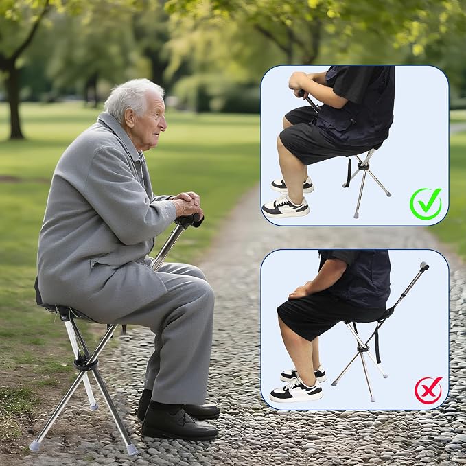 FATTCHIAR Cane with Seat, Walking Stick with Seats, Cane Chair Capacity 330lbs, Adjustable Height Folding Lightweight Portable Stool for Adults Seniors Hiking Camping