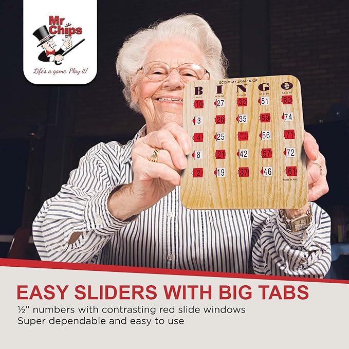 MR CHIPS Jam-Proof Bingo Cards with Sliding Windows, 50 Reusable Shutter Cards, 75 Calling Cards 1 Master Board in Tan Woodgrain Style