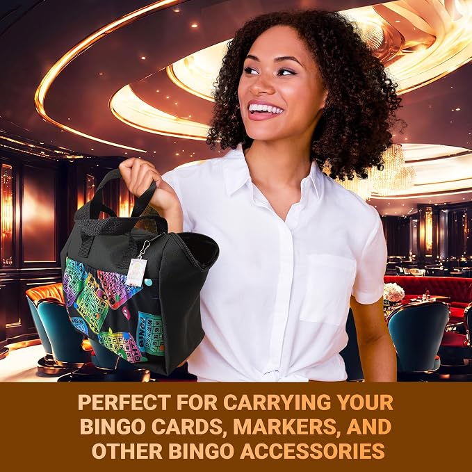 LUCKY LADY DAUBER CO. Neon Bingo Bags with Pockets, 6 Pocket Bingo Daubers Bag with Inside Liner and Sweet on Bingo Lucky Charm - Card and Dauber Bingo Bags for Women, Black Bingo Dauber Bag