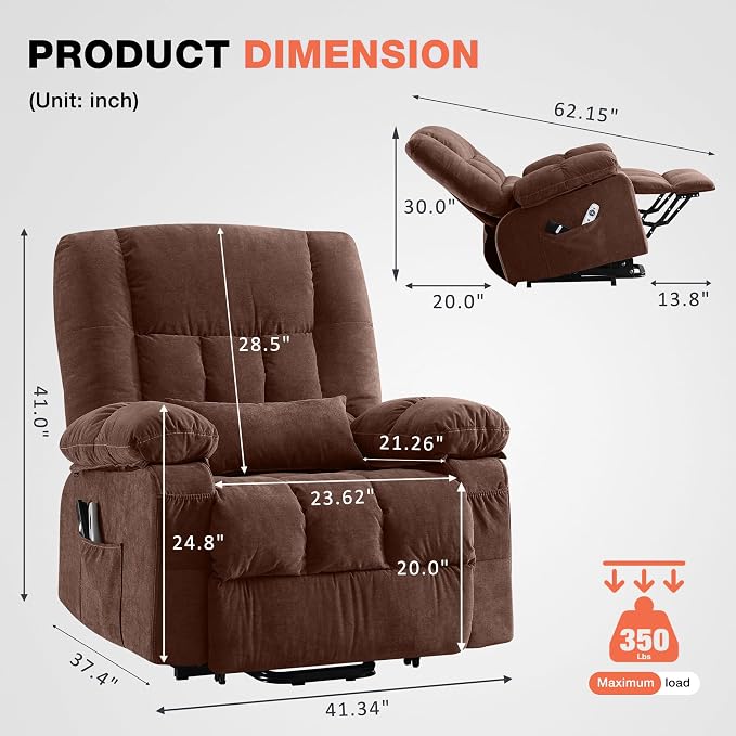 MAHOMICO Power Lift Recliner Chair for Elderly with Vibration Massage and Lumbar Heating,Electric Lift Recliner Single Sofa with Side Pocket,USB Charge Port for Living Room