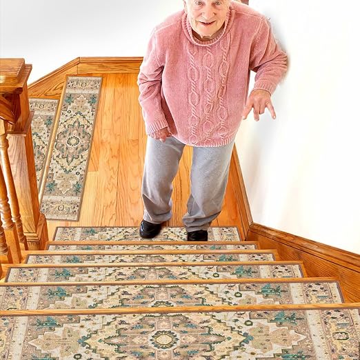 Stair Treads for Wooden Steps Indoor, 15 Pack 8" X 30" Non Slip Carpet Stair Treads with Reusable Adhesive for Kids Elders and Dogs, TPR Backing Stair Rugs Oriental Staircase Step Treads,Bohemia
