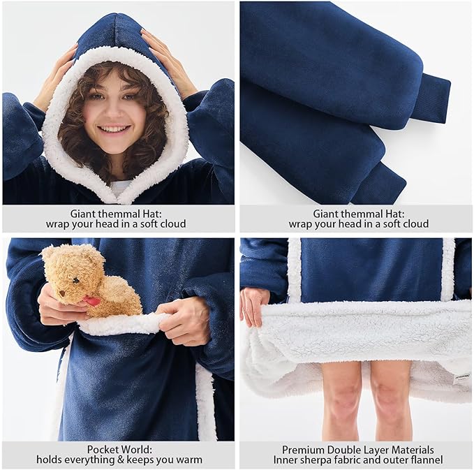 JOYWOO Navy Oversized Wearable Blanket Hoodie,Cat lovers Long Hoodie Blanket for Adult,Birthday Gifts for Women Men Mom,Cozy Fuzzy Sherpa Fleece Sweatshirt Hooded Blanket Giant Pocket Gifts,Oversize