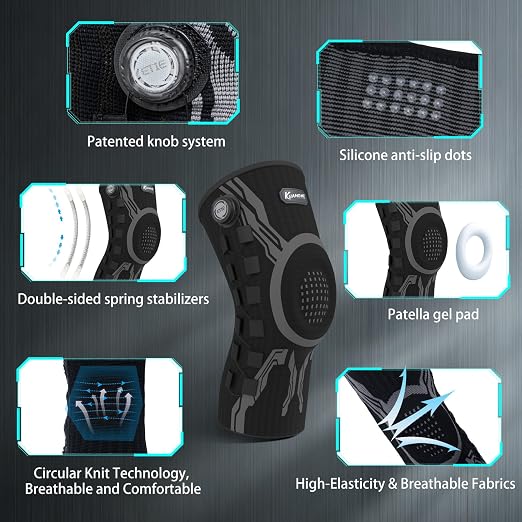 Kuangmi Knob Knee Brace for Pain Relief, Knee Support with Patella Gel Pad & Side Stabilizers, Compression Knee Sleeve for Workout, Arthritis, Joint Pain, Meniscus Tear (Black,Left,XX-Large,Single)