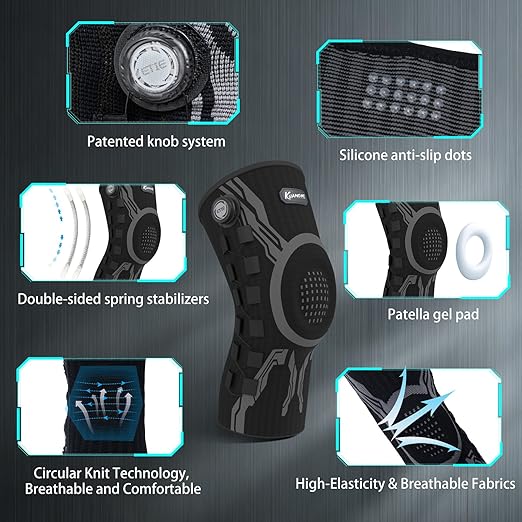 Kuangmi Knob Knee Brace for Pain Relief, Knee Support with Patella Gel Pad & Side Stabilizers, Compression Knee Sleeve for Workout, Arthritis, Joint Pain, Meniscus Tear (Black,Right,Large,Single)