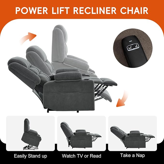 Ketaiyou Electric Power Lift Recliner Chair Sofa with Massage and Heat for Elderly, USB and Type-C Ports, Cup Holders, Infinite Position (Dark Grey, Regular)