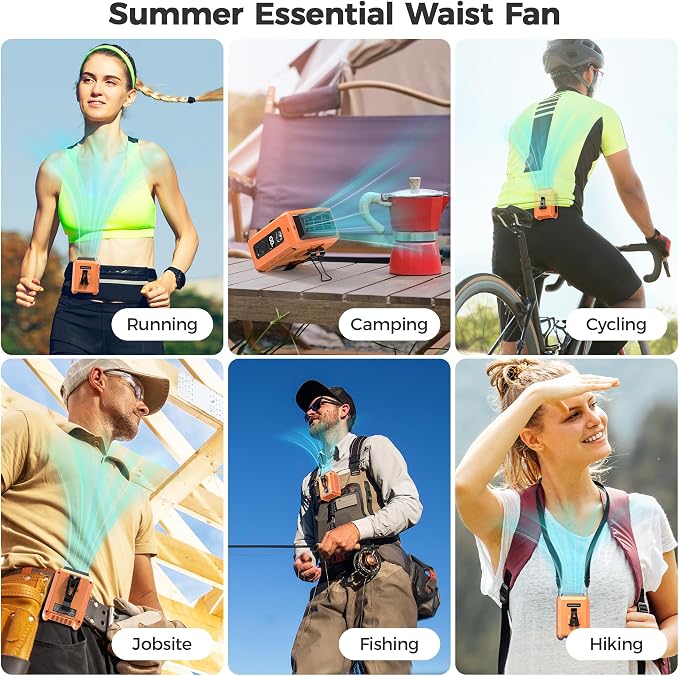 Portable Mini Waist Fan - Rechargeable Clip on Belt Wearable Body Fan, Max 20H Cooling, 5 Speeds 16000RPM Turbo Hands-Free Under-Shirt Neck Fan for Outdoor Jobsite Camping Traveling