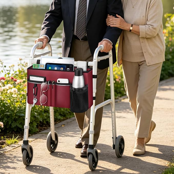 FINPAC Large Walker Tote Bag w/Cup Holder, Folding Walker Attachment Pouch | Water-resistant Polyester, Organized Pockets, Reflective Strip, Mobility Aid Storage Basket for Seniors, Burgundy