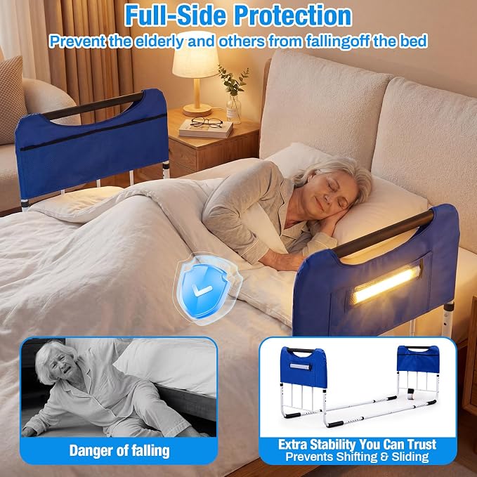 Double Bed Rail for Elderly Adults Safety, ASTM Compliant, Adjustable Bed Rail,U Bar with Sensor Light & Storage Pocket for Medical Bedside Safety Assisting Rails Fits Twin Full Queen Beds