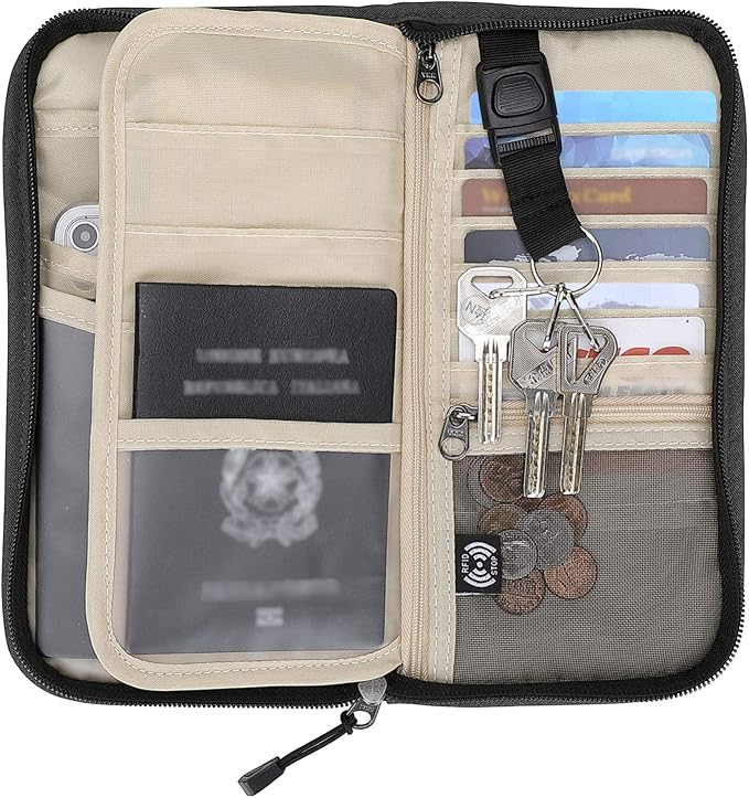 Passport Holder Family RFID Passport Wallet, Passport Holder Women/Men, Travel Wallet Documents Organizer Zipper Case with Removable Wristlet Strap, Travel Essentials for Flying