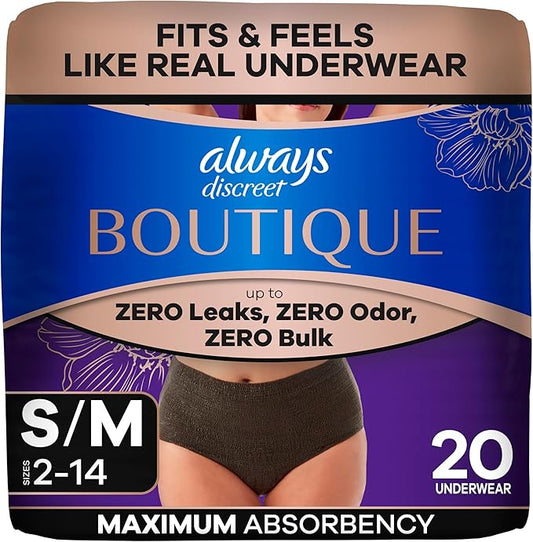 Always Discreet Boutique Incontinence and Postpartum Underwear for Women, Maximum Protection, Small/Medium, Black, 20 Count