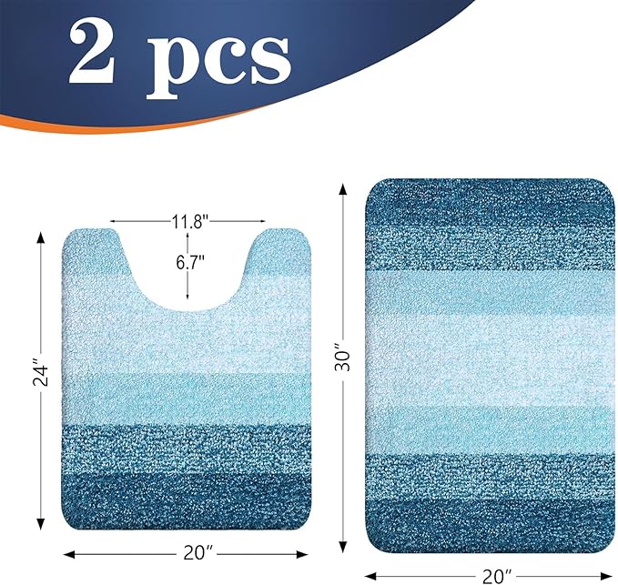 OLANLY Bathroom Rug Set 2 Piece, Soft Absorbent Microfiber Bath Mats and U-Shaped Contour Toilet Rug, Non-Slip, Machine Wash Dry, Plush Shaggy Bath Mats for Bathroom (30"x20"+U24 x20, Peacock Blue)