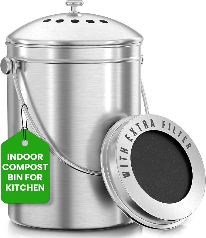Utopia Kitchen Countertop Compost Bin 1 Gallon, Stainless Steel, Silver | Odorless countertop compost bin with charcoal filter, ideal for food scraps and waste