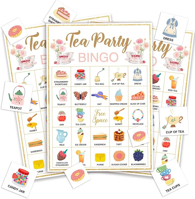 Tea Party Bingo, 24 Players Bingo Game Set for Girls Adults, Tea Party Bingo Games for Bridal Shower, Bachelorette, Wedding, Engagement Party, Tea Party Decorations