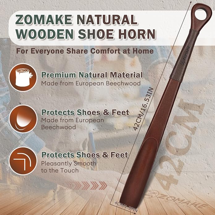 ZOMAKE Wooden Shoe Horn Long Handle for Seniors Men Women 16.5"/16.9" | Wood Long Shoehorn Boot Horn, Shoe Spoon Helper, Shoes Protection, No Bend Over, Easy Shoe Wear for Home Use