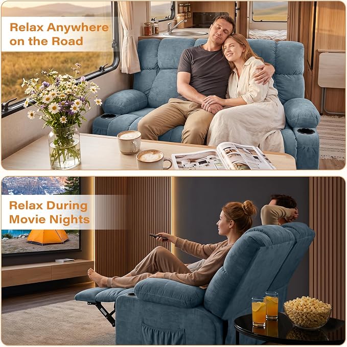 Oversized Fabric Reclining Loveseat Sofa for Living Room with Cup Holders | 2-seat recliner sofa with side pockets, padded seats and adjustable footrests for home theater, family room and relaxation