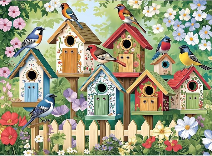 500 Piece Jigsaw Puzzle for Adults, Colorful Garden Birds & Birdhouses | Vibrant birds and blooming flowers for family game night, screen-free fun, wall decor, and gifts for adults and seniors