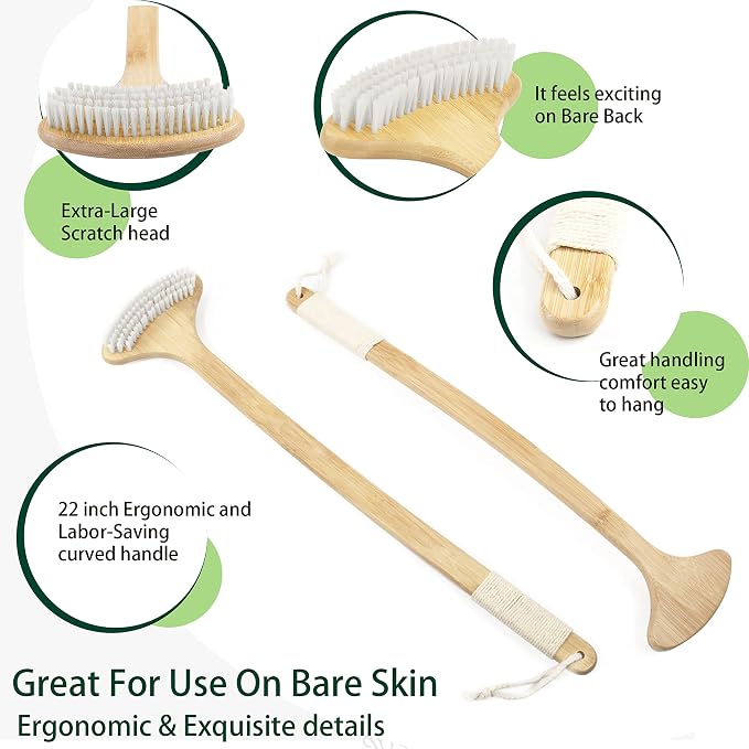 Extra Long Bamboo Back Scratcher, 22'' Reach Back Easily | Curved Handle, Wide Brush Head for Instant Itch Relief, Wet or Dry Use for Shower, Easy to Grip for Men/Women/Elderly