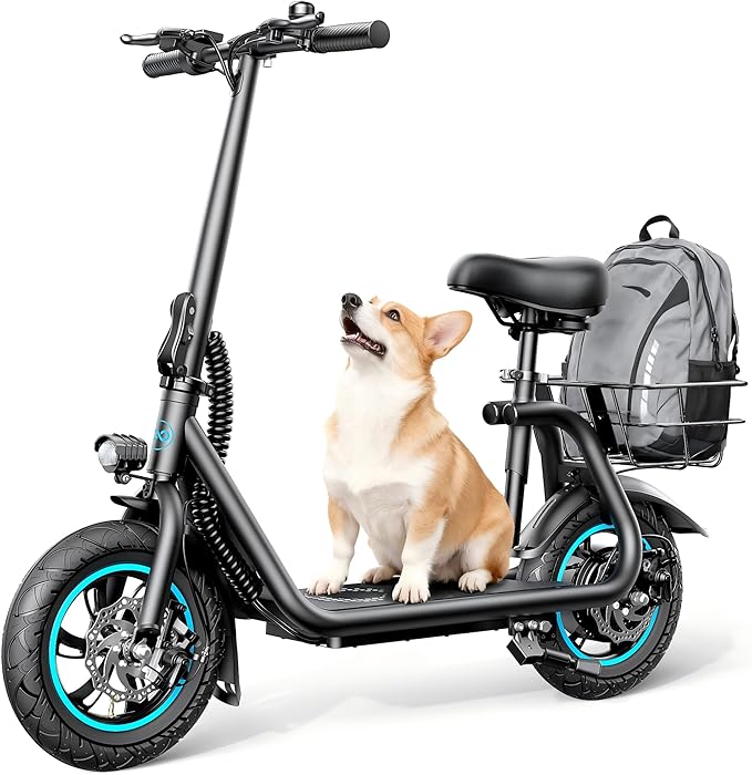 C1 Electric Scooter with Seat for Adults, 450W Powerful Motor, 20 Mile Long Range, 16 Mph Foldable Commuter E-Scooter with Basket for Daily Commute, Grocery, or Pet Travel – Matte Black
