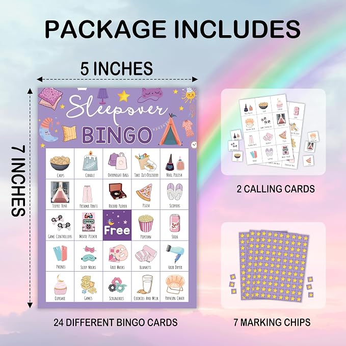 Sleepover Bingo Card, Slumber Bingo Set for Adults Large Group Family Friends, Pajama Party Game, Spa Party Supplies Decorations, Holiday Games for 24 Players -02