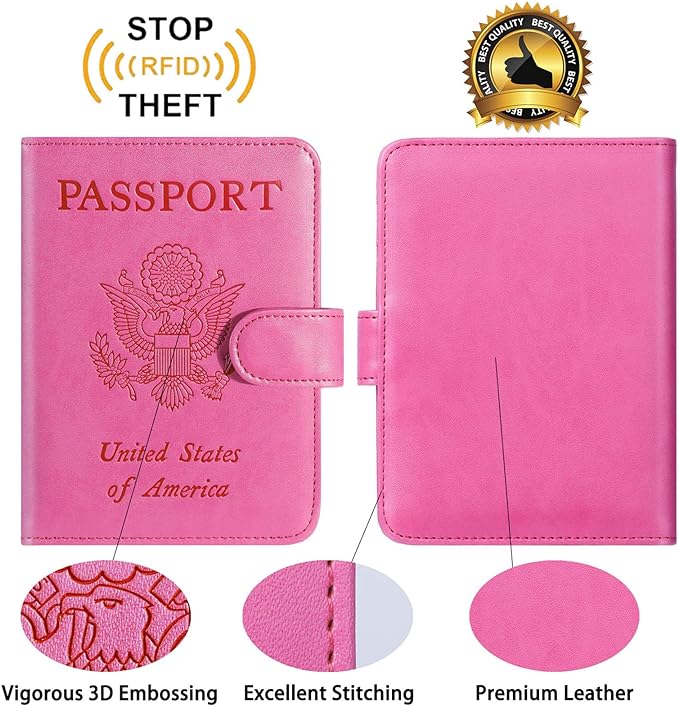 Passport Holder With Luggage Tag Cover Wallet RFID Blocking Leather Case Travel Essentials Accessories Travel Must Have(114#Pink)