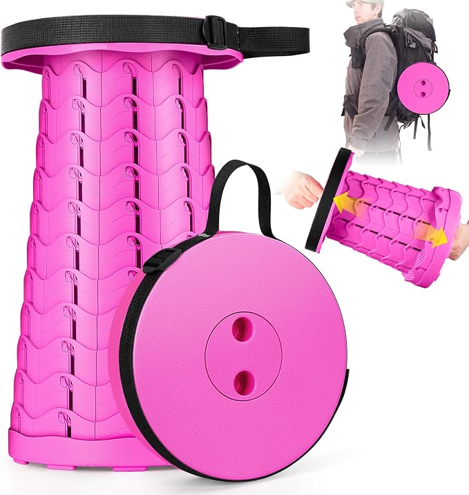 Qiguet Collapsible Stool, Folding Chair - Upgraded Portable Chair with Load Capacity 400lbs, Portable Stool for Camping Fishing Hiking - Folding Stool with Carrying Strap,Gifts for Fisherman(All Pink)