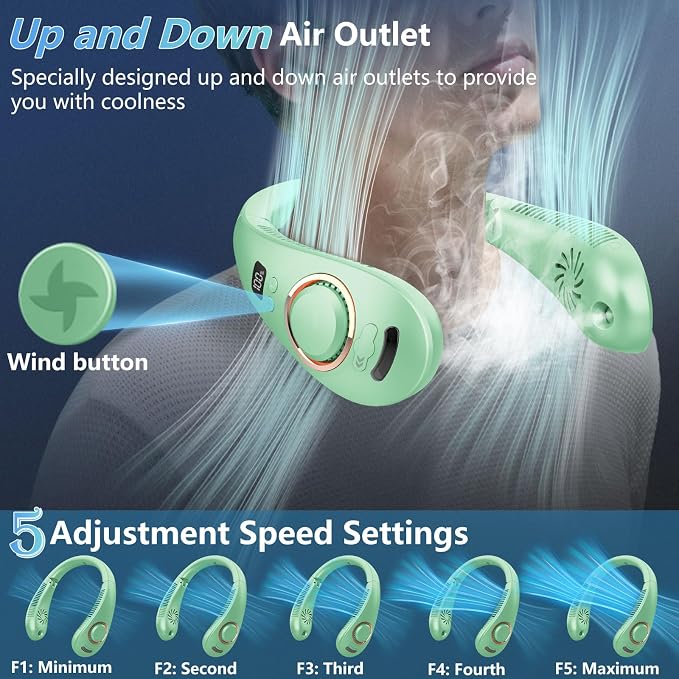 Personal Fan Neck Fan Mister-Fold away Wearable around the Neck Fan, Cordless Bladeless Personal Cooling Device,Neck Coolers for Women Men Kids Dad Mom Extremely Hot Weather Indoor Outdoor Green