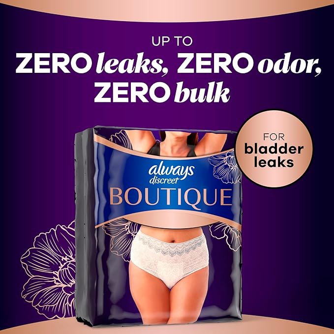 Always Discreet Boutique Black, Reimagined Adult Diapers for Women, Maximum Absorbency Incontinence and Postpartum Underwear Size XL/XXL, Fits and Feels Like Real Underwear, 16 Count