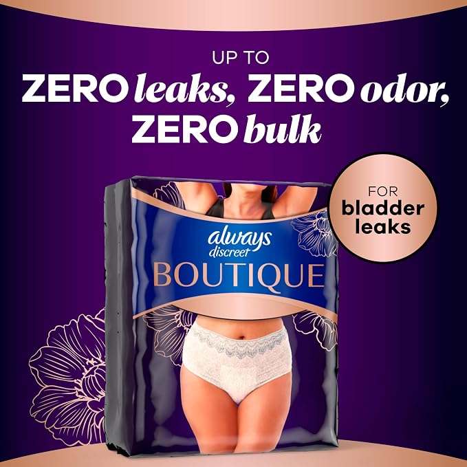 Always Discreet Boutique Incontinence and Postpartum Underwear for Women, Maximum Protection, Small/Medium, Rosy, 48 Count (4 Packs of 12)