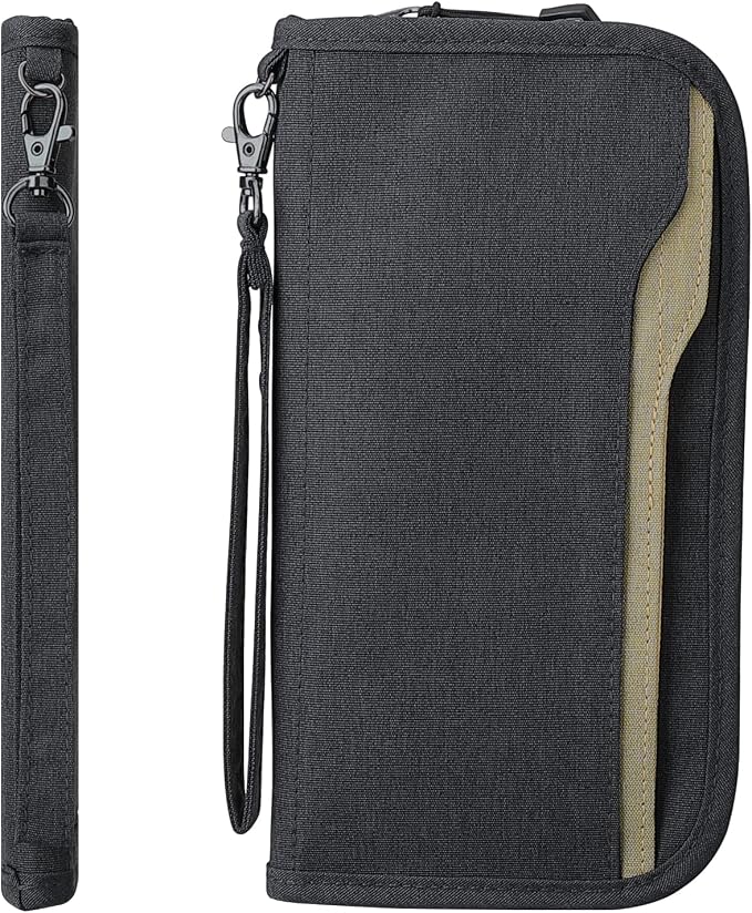 Passport Holder Family RFID Passport Wallet, Passport Holder Women/Men, Travel Wallet Documents Organizer Zipper Case with Removable Wristlet Strap, Travel Essentials for Flying