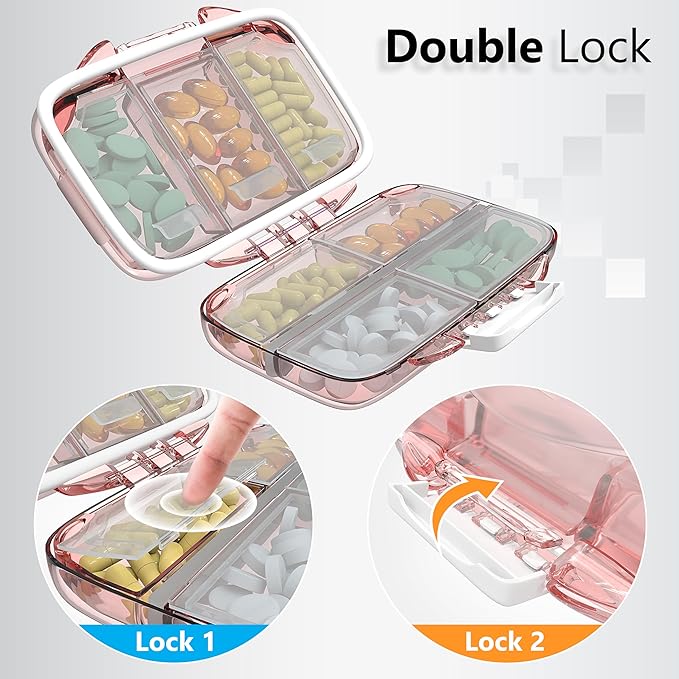 Travel Pill Organizer - Moisture Proof Portable Vitamin Holder with 7 Compartments, Compact Supplement Case for Purse Essential Medicine Kit fot Traveling Pocket Pharmacy with Labels, Pink