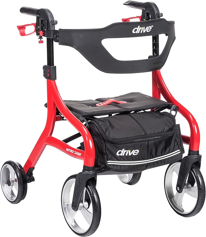 Drive Medical Nitro Sprint Rollator Walker with Seat, Petite Height, Red | Lightweight Rollator with Large Wheels Offers Short, Foldable Design for Seniors and Adults Every Day