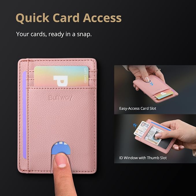 Buffway Slim Minimalist Front Pocket RFID Blocking Leather Wallets for Men and Women - Lichee Pink