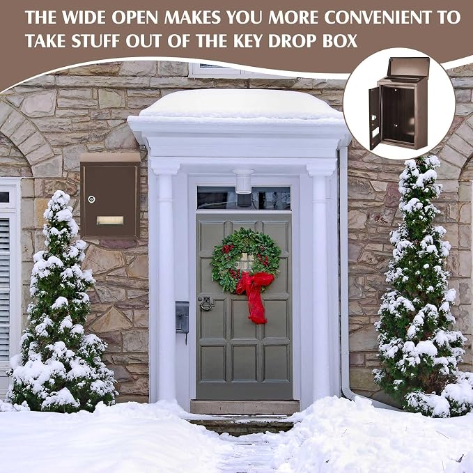 Amylove Weatherproof Mail Boxes with Key Lock, Security Locking Wall Mount Metal Mailbox with Slot for Outside, Large Capacity for Mail, Packages, Donations, Voting 11.8 H x 8.3 L x 2.8 W, Brown
