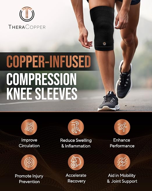 TheraCopper Copper Knee Brace for Men & Women (2 Pack) — Non-Slip Compression Copper Knee Sleeve for Arthritis, Knees Pain Relief, Swelling, Anti inflammatory and Recovery Support (Large)