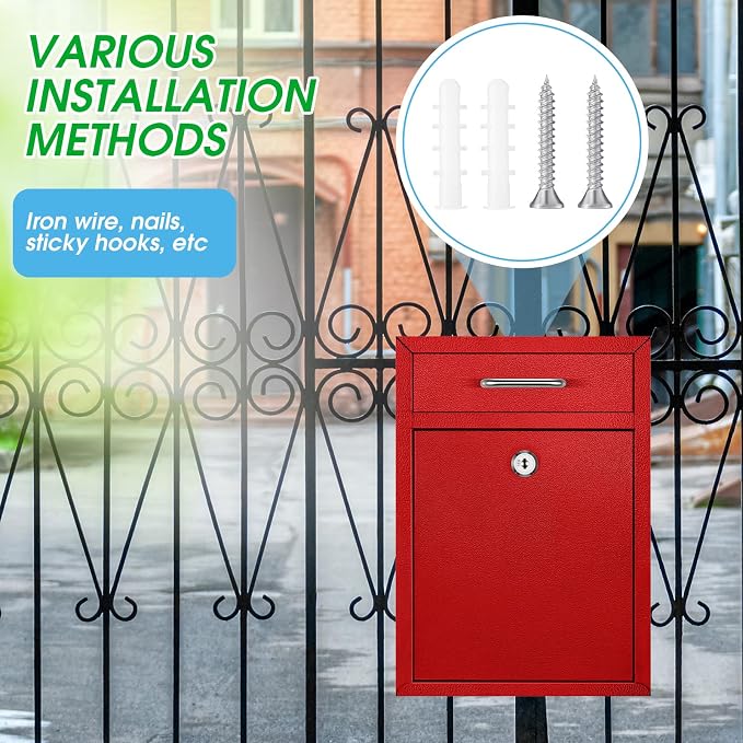 Yaocom Locking Mailbox with Key for Outdoor 12.2 x 8.5 x 3 Inches Large Wall Mount Mail Box with Lock Security Mail Drop Metal Collection Boxes Hanging Secure Postbox(Red)