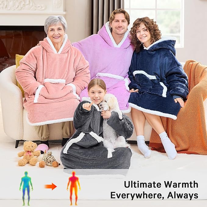 JOYWOO Wearable Blanket Hoodie,Oversized Cat Lovers Sweatshirt Blanket for Adult & Teens,Birthday Gifts for Teen Girls Boys Women,Cozy Fuzzy Sherpa Sweatshirt Blanket Giant Pocket Gifts,Grey Small